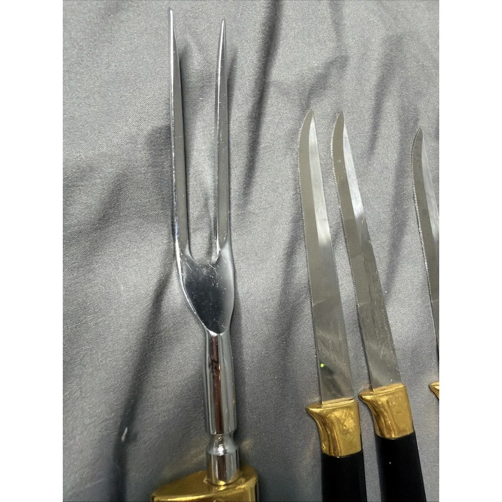 VTG 24KT GOLD PLATED REGENT SHEFFIELD & CUTLERY FORK & 6 STEAK KNIVES